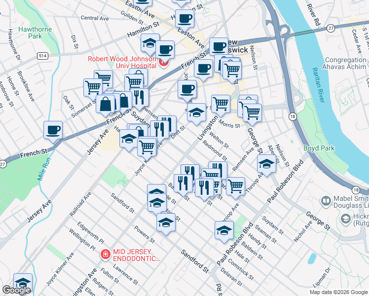 map of restaurants, bars, coffee shops, grocery stores, and more near in New Brunswick