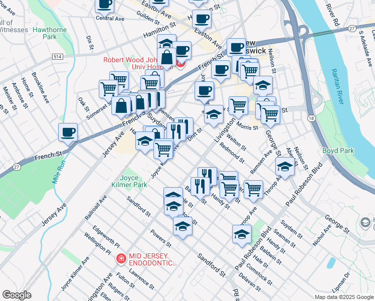 map of restaurants, bars, coffee shops, grocery stores, and more near 259 Seaman Street in New Brunswick