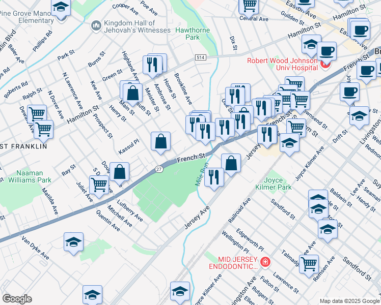 map of restaurants, bars, coffee shops, grocery stores, and more near 400 Somerset Street in New Brunswick