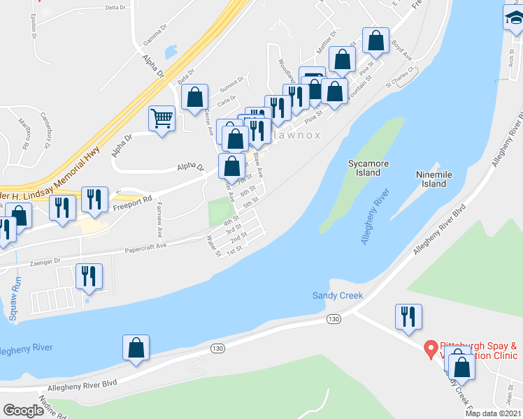 map of restaurants, bars, coffee shops, grocery stores, and more near 223 3rd Street in Blawnox