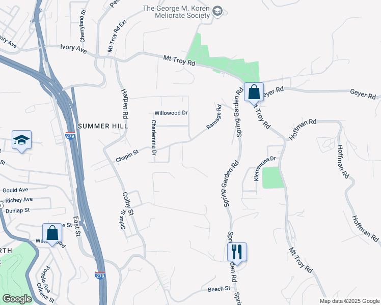 map of restaurants, bars, coffee shops, grocery stores, and more near 25 Quail Hill Road in Reserve Township