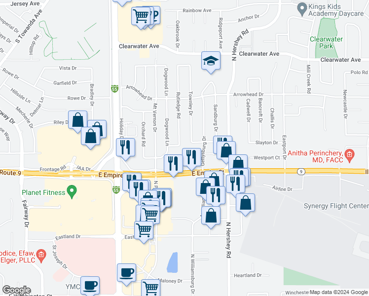 map of restaurants, bars, coffee shops, grocery stores, and more near 2101 Todd Drive in Bloomington