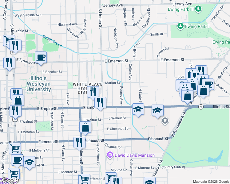 map of restaurants, bars, coffee shops, grocery stores, and more near 1115 Eastholme Avenue in Bloomington