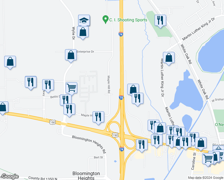 map of restaurants, bars, coffee shops, grocery stores, and more near 1021 Maple Hill Road in Bloomington