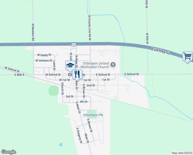 map of restaurants, bars, coffee shops, grocery stores, and more near 1st Street in Otterbein