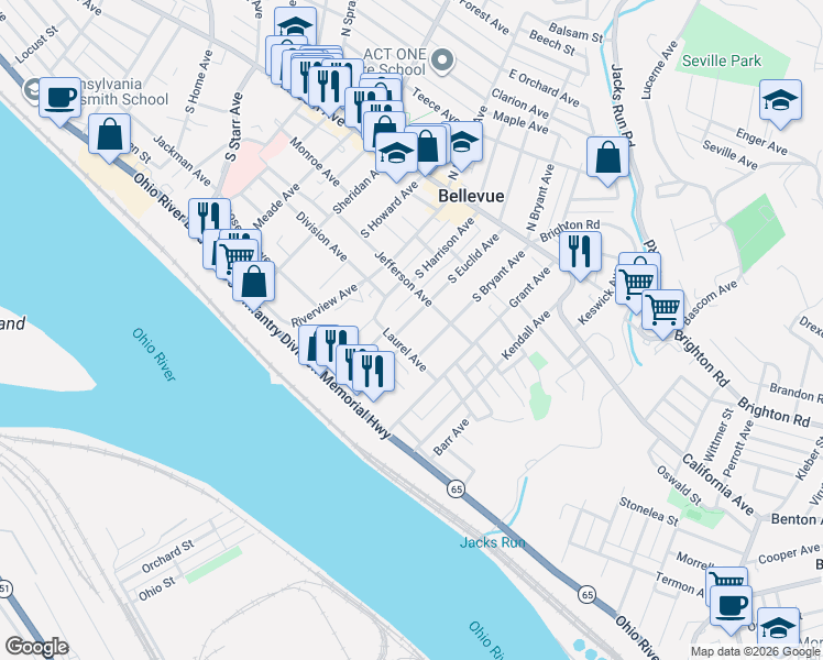 map of restaurants, bars, coffee shops, grocery stores, and more near 148 South Bryant Avenue in Pittsburgh