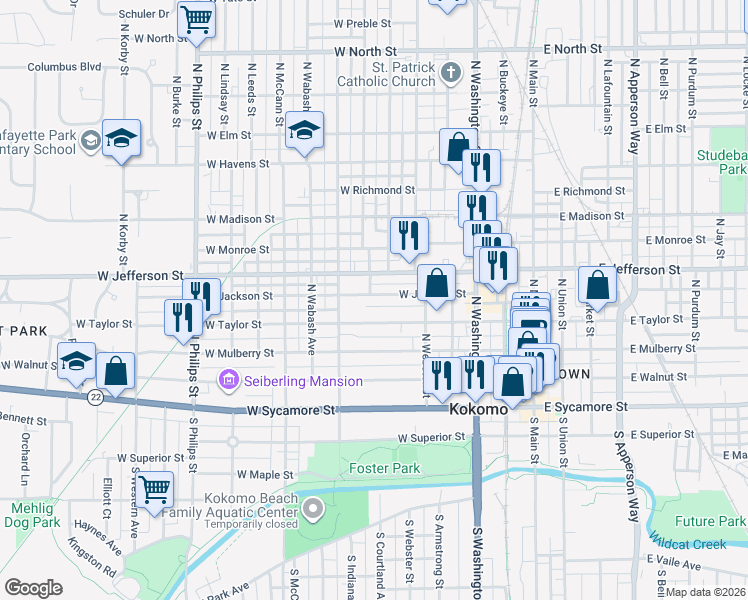 map of restaurants, bars, coffee shops, grocery stores, and more near 538 West Taylor Street in Kokomo