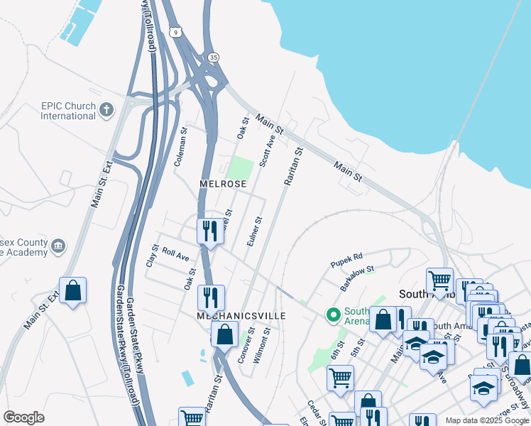 map of restaurants, bars, coffee shops, grocery stores, and more near 238 Raritan Street in South Amboy