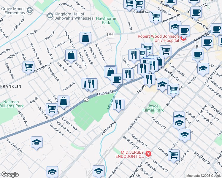 map of restaurants, bars, coffee shops, grocery stores, and more near 254 French Street in New Brunswick
