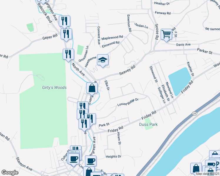 map of restaurants, bars, coffee shops, grocery stores, and more near 209 Elbe Drive in Pittsburgh