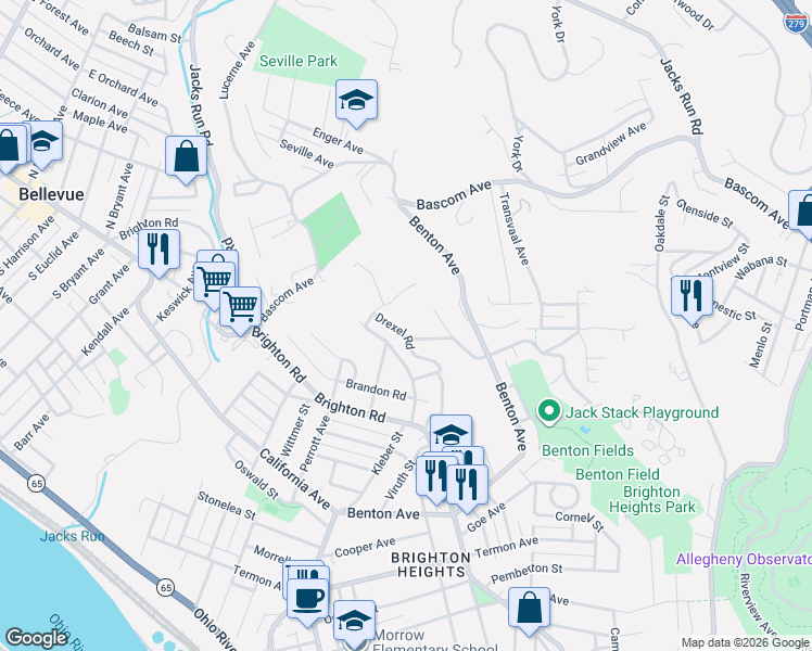 map of restaurants, bars, coffee shops, grocery stores, and more near 1275 San Pedro Street in Pittsburgh