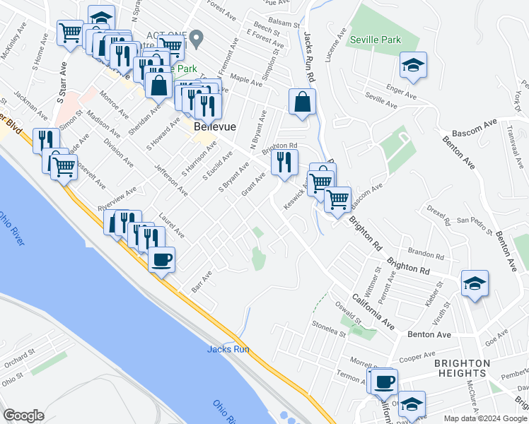 map of restaurants, bars, coffee shops, grocery stores, and more near 131 Washington Avenue in Pittsburgh