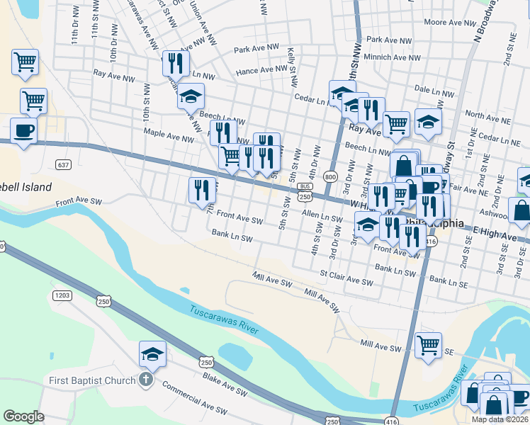 map of restaurants, bars, coffee shops, grocery stores, and more near 525 Front Avenue Southwest in New Philadelphia