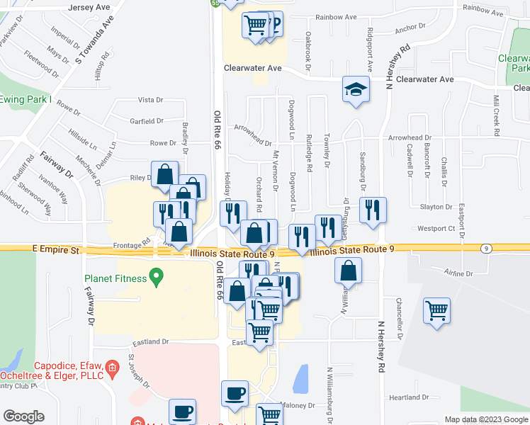 map of restaurants, bars, coffee shops, grocery stores, and more near 1704 Salem Road in Bloomington