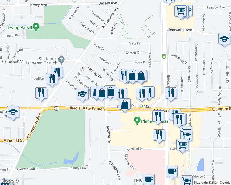 map of restaurants, bars, coffee shops, grocery stores, and more near 303 Robinhood Lane in Bloomington