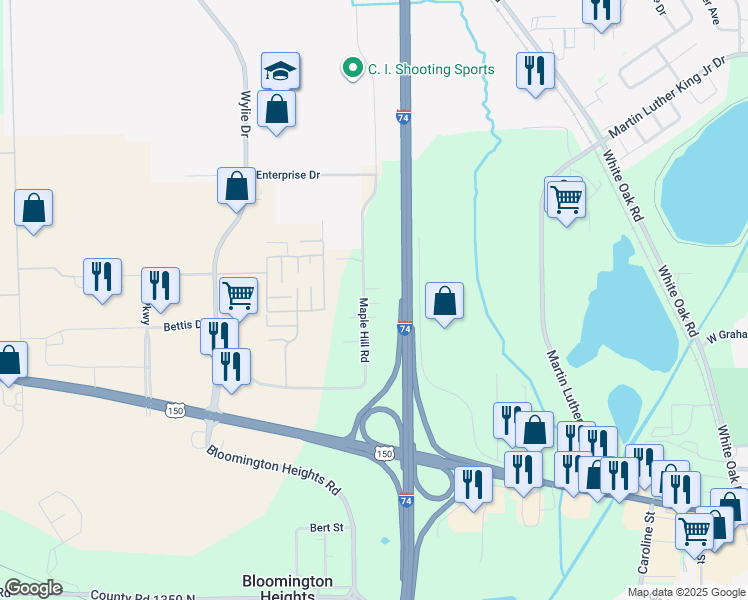 map of restaurants, bars, coffee shops, grocery stores, and more near 1021 Maple Hill Road in Bloomington