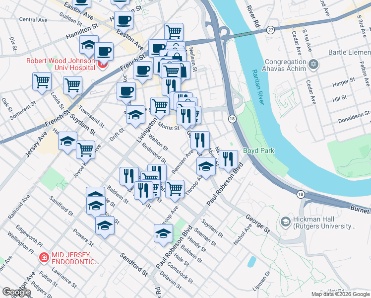map of restaurants, bars, coffee shops, grocery stores, and more near 256 George Street in New Brunswick
