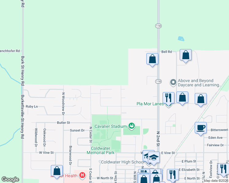 map of restaurants, bars, coffee shops, grocery stores, and more near 1100 North Elm Street in Coldwater