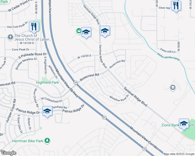 map of restaurants, bars, coffee shops, grocery stores, and more near 14372 Penrhy Court in Riverton