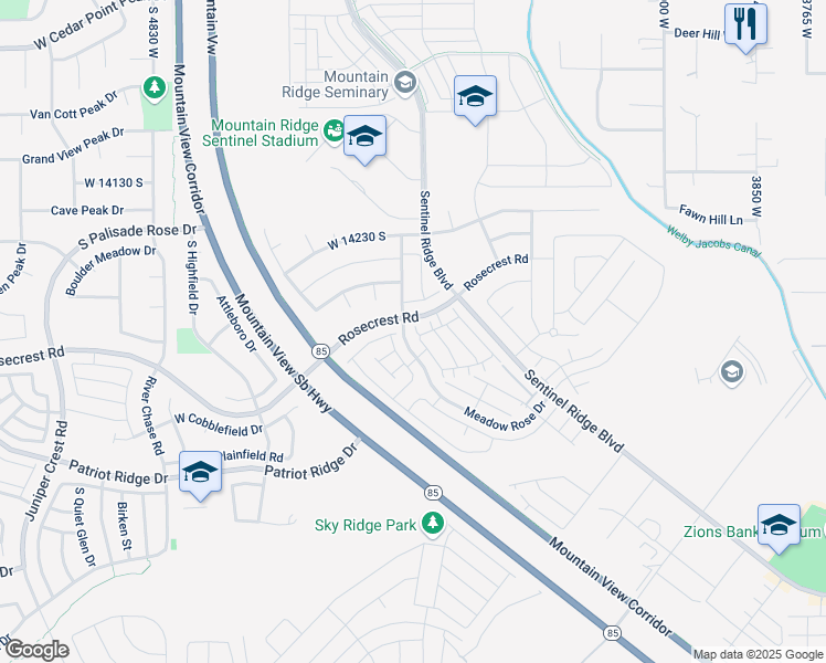 map of restaurants, bars, coffee shops, grocery stores, and more near 14368 Penrhy Court in Herriman