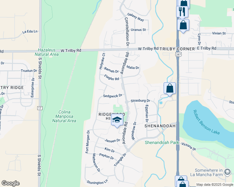 map of restaurants, bars, coffee shops, grocery stores, and more near 520 Sedgwick Drive in Fort Collins