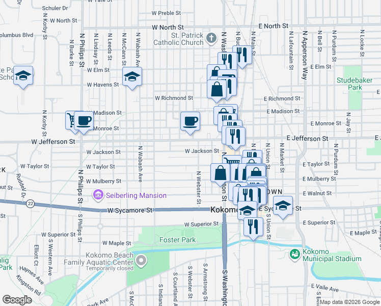 map of restaurants, bars, coffee shops, grocery stores, and more near 502 West Taylor Street in Kokomo