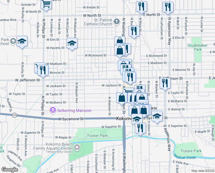 map of restaurants, bars, coffee shops, grocery stores, and more near 502 West Taylor Street in Kokomo