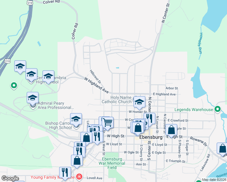 map of restaurants, bars, coffee shops, grocery stores, and more near 601-699 N Spruce St in Ebensburg