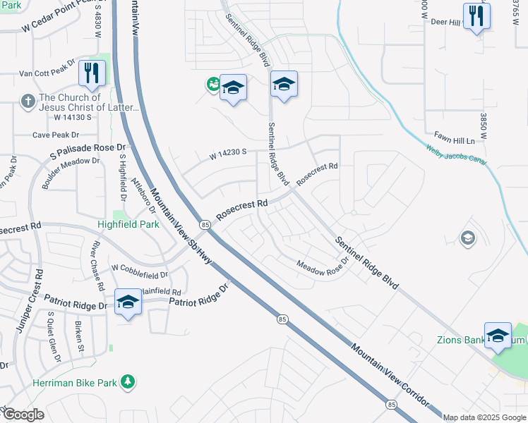 map of restaurants, bars, coffee shops, grocery stores, and more near 14372 Penrhy Court in Riverton