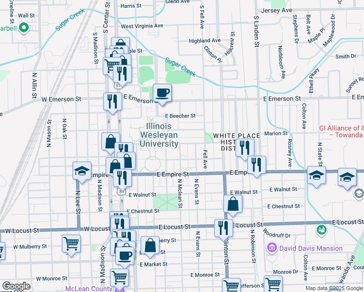 map of restaurants, bars, coffee shops, grocery stores, and more near 1207 North Mclean Street in Bloomington
