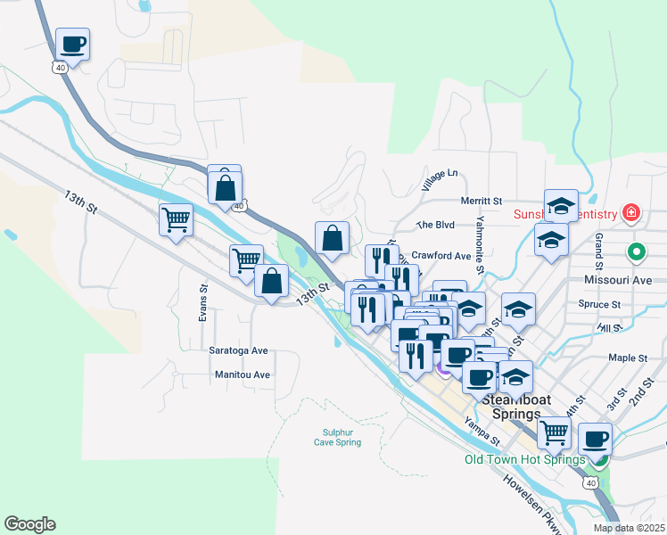 map of restaurants, bars, coffee shops, grocery stores, and more near 1213 Lincoln Avenue in Steamboat Springs