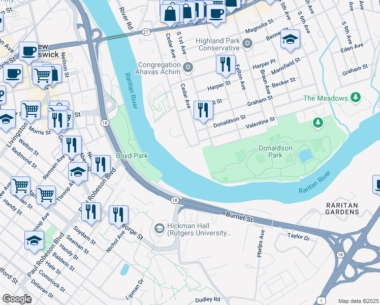 map of restaurants, bars, coffee shops, grocery stores, and more near 36 Skyview Terrace in Highland Park