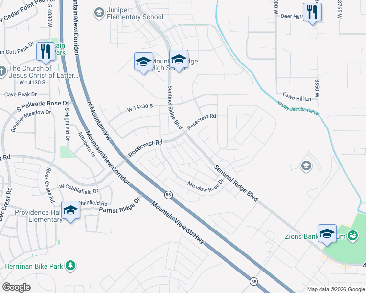 map of restaurants, bars, coffee shops, grocery stores, and more near 14367 South Sherwell Court in Herriman
