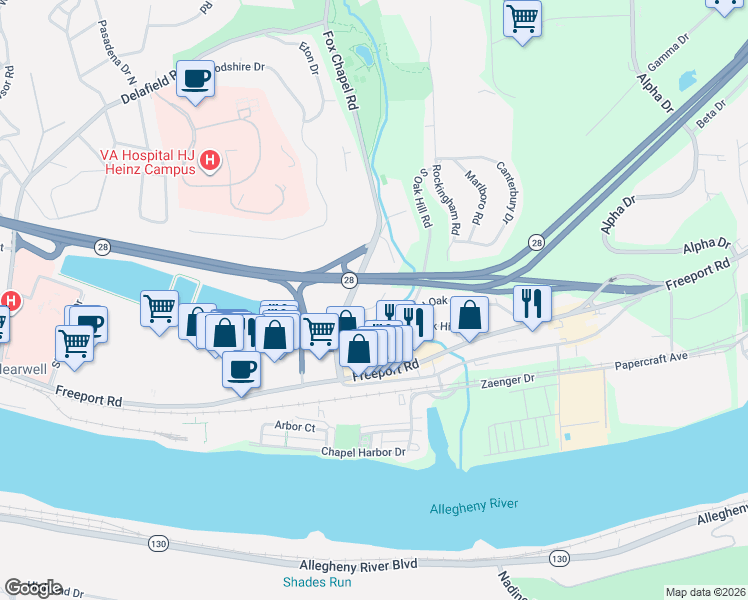 map of restaurants, bars, coffee shops, grocery stores, and more near 119 South Oak Hill Road in Pittsburgh
