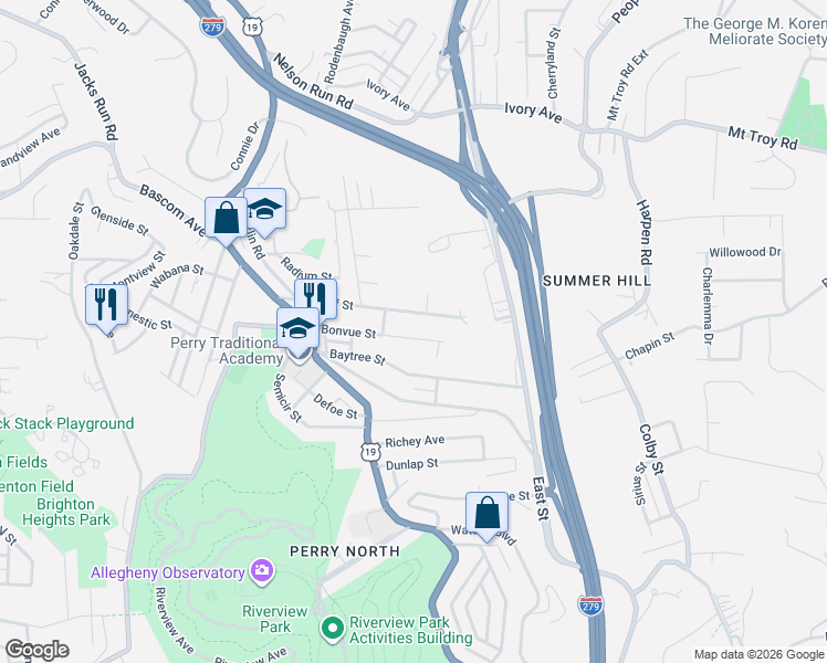 map of restaurants, bars, coffee shops, grocery stores, and more near 223 Bonvue Street in Pittsburgh