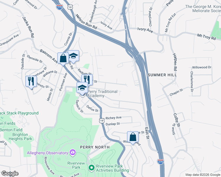 map of restaurants, bars, coffee shops, grocery stores, and more near 223 Bonvue Street in Pittsburgh