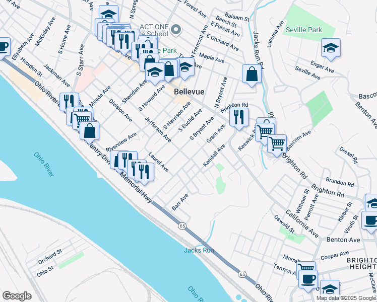 map of restaurants, bars, coffee shops, grocery stores, and more near 126 Grant Avenue in Bellevue
