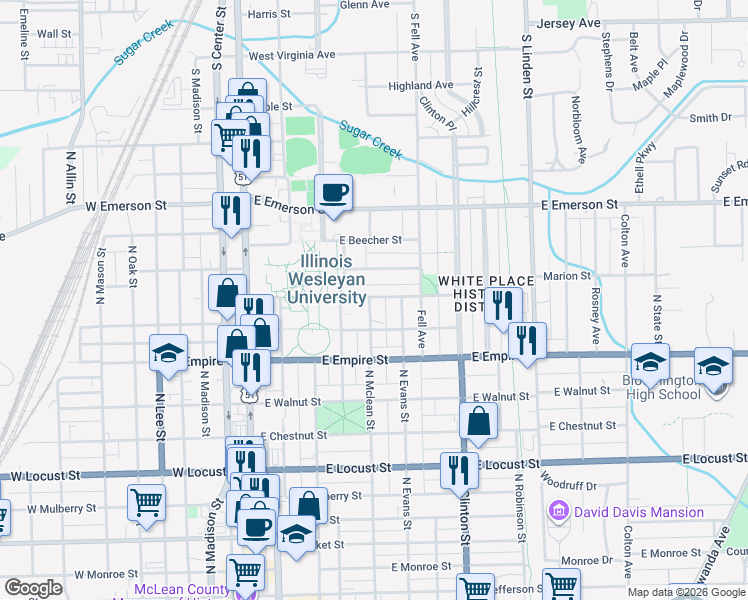 map of restaurants, bars, coffee shops, grocery stores, and more near 1207 North Mclean Street in Bloomington