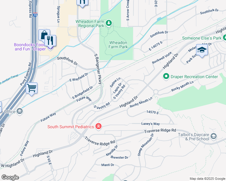 map of restaurants, bars, coffee shops, grocery stores, and more near 14390 Lapis Drive in Draper