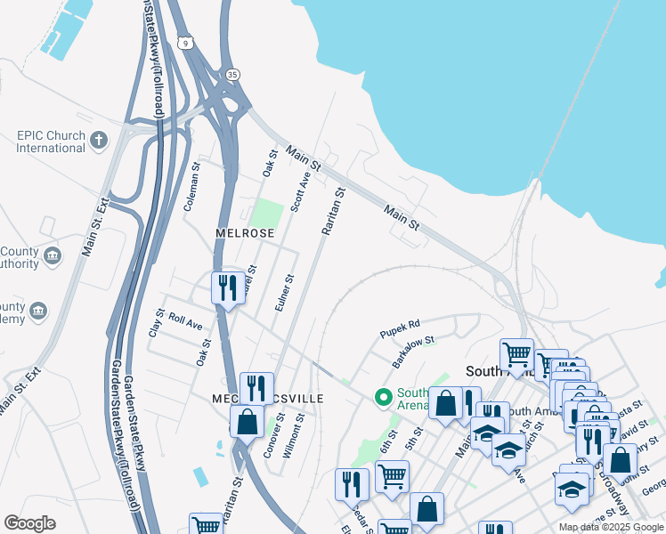 map of restaurants, bars, coffee shops, grocery stores, and more near 245 Raritan Street in South Amboy