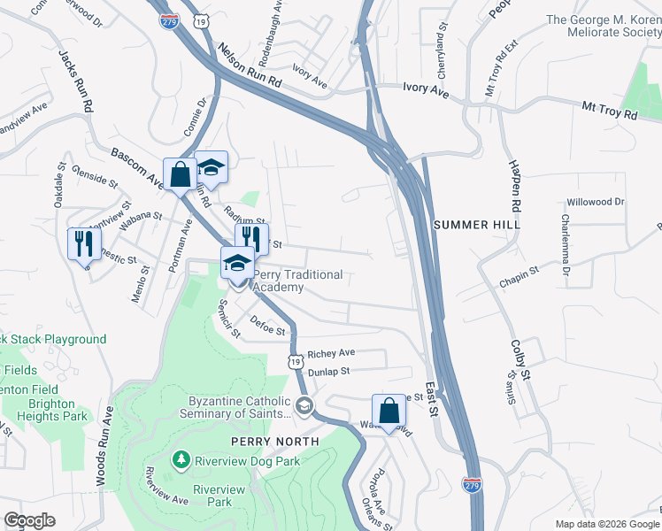 map of restaurants, bars, coffee shops, grocery stores, and more near 223 Bonvue Street in Pittsburgh