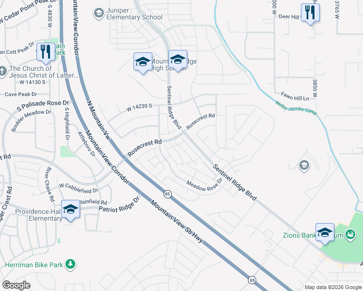 map of restaurants, bars, coffee shops, grocery stores, and more near 14367 South Sherwell Court in Herriman