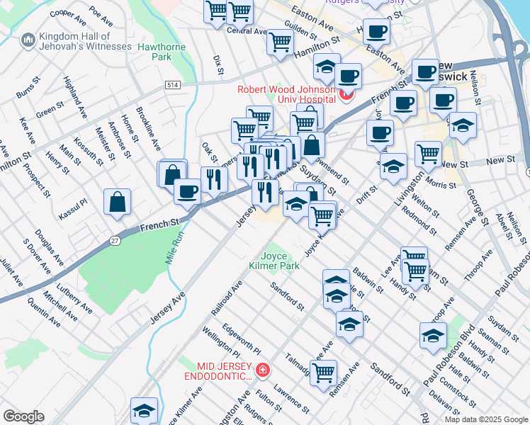 map of restaurants, bars, coffee shops, grocery stores, and more near 350 Comstock Street in New Brunswick