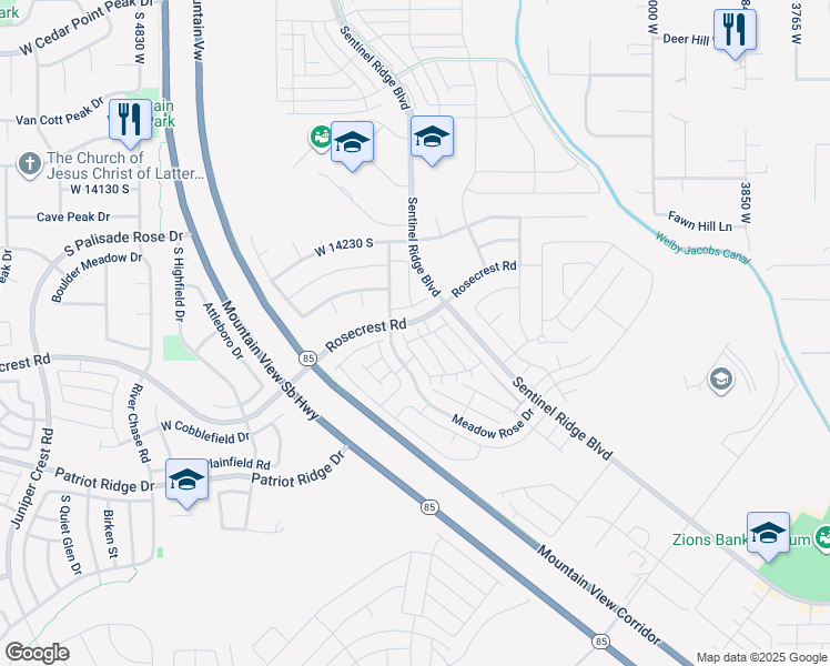 map of restaurants, bars, coffee shops, grocery stores, and more near 14358 South Sherwell Court in Herriman