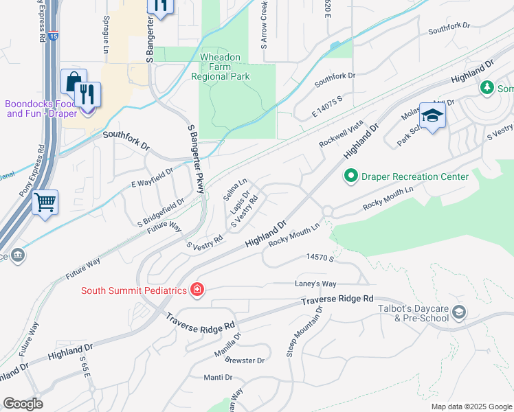 map of restaurants, bars, coffee shops, grocery stores, and more near 14416 Henry Day Road in Draper