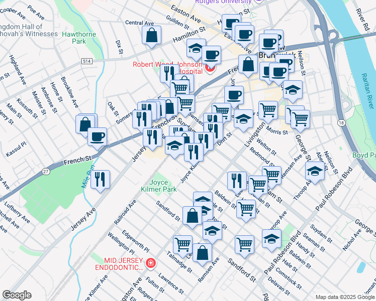 map of restaurants, bars, coffee shops, grocery stores, and more near 259 Baldwin Street in New Brunswick