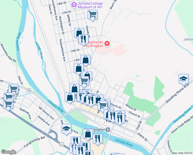 map of restaurants, bars, coffee shops, grocery stores, and more near 708 Portland Avenue in Huntingdon