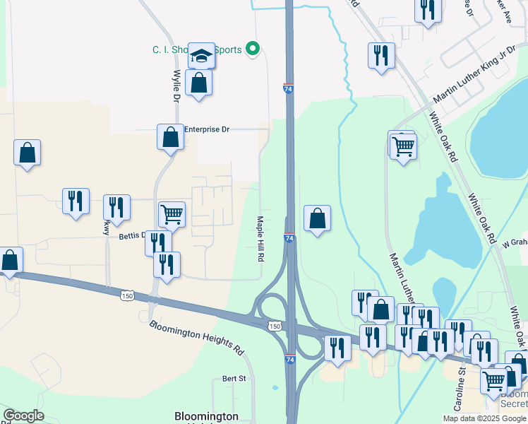 map of restaurants, bars, coffee shops, grocery stores, and more near 1025 Maple Hill Road in Bloomington