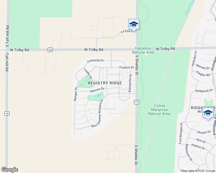 map of restaurants, bars, coffee shops, grocery stores, and more near 1250 Dewey Drive in Fort Collins