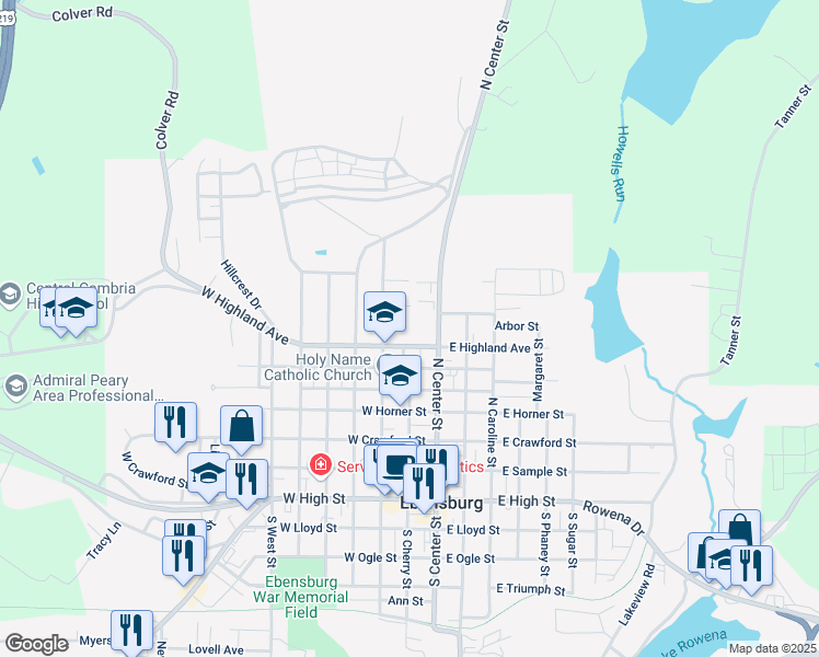 map of restaurants, bars, coffee shops, grocery stores, and more near 205 West Highland Avenue in Ebensburg